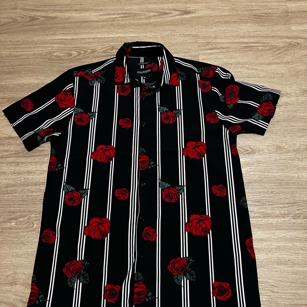 Men's Black and Red Floral Striped Shirt